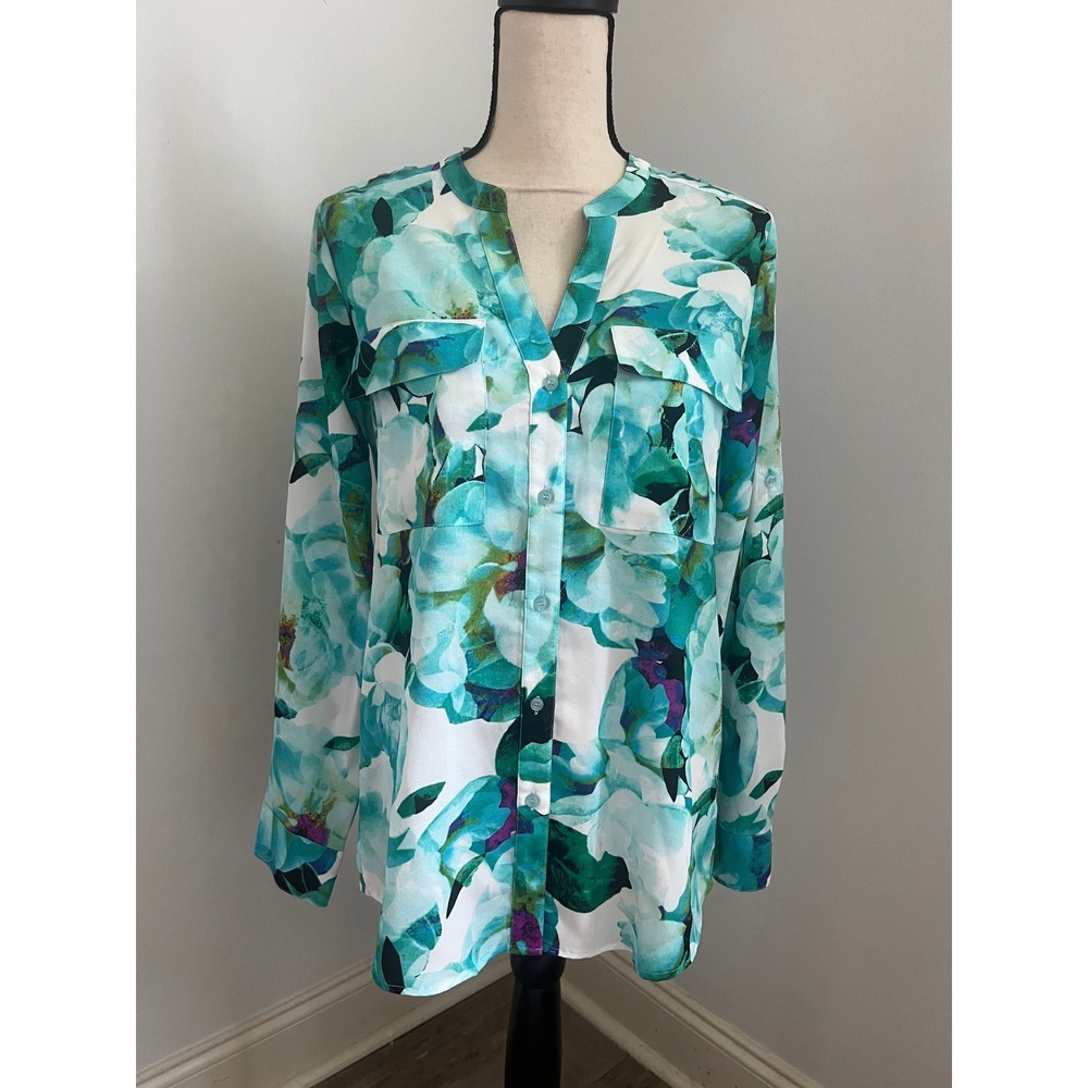 Calvin Klein Teal Floral Button Down Blouse Medium Watercolor Office Chic Resort